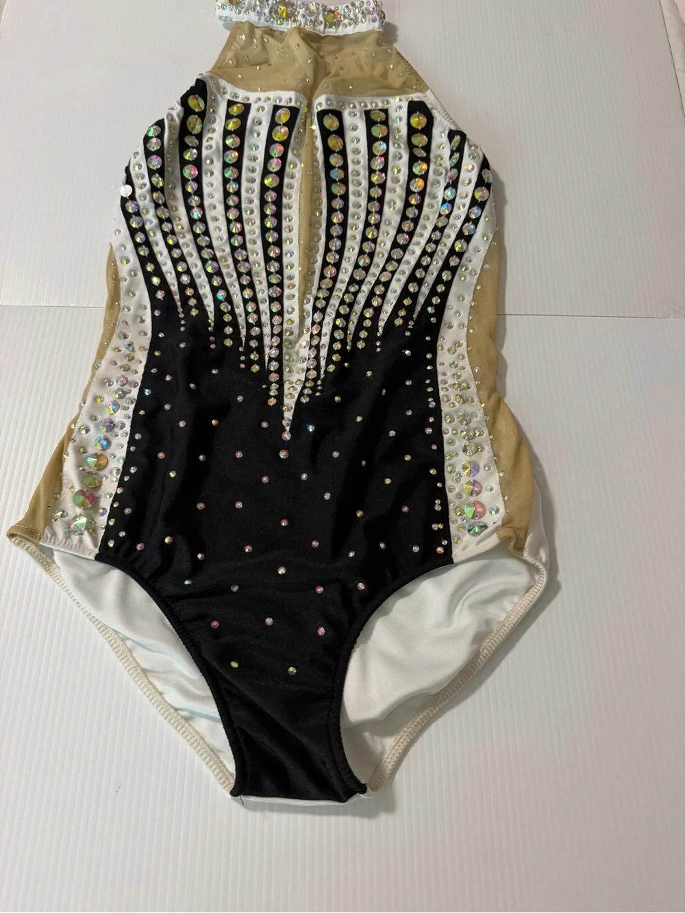 Glamour solo dance costume black white embellished rhinestone leotard MA adult